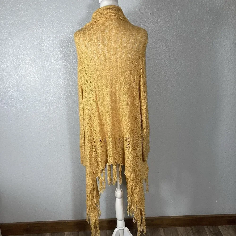 Fringe Boho Cardigan Womens M Open Front Gold Loose Knit Western Asymmetrical